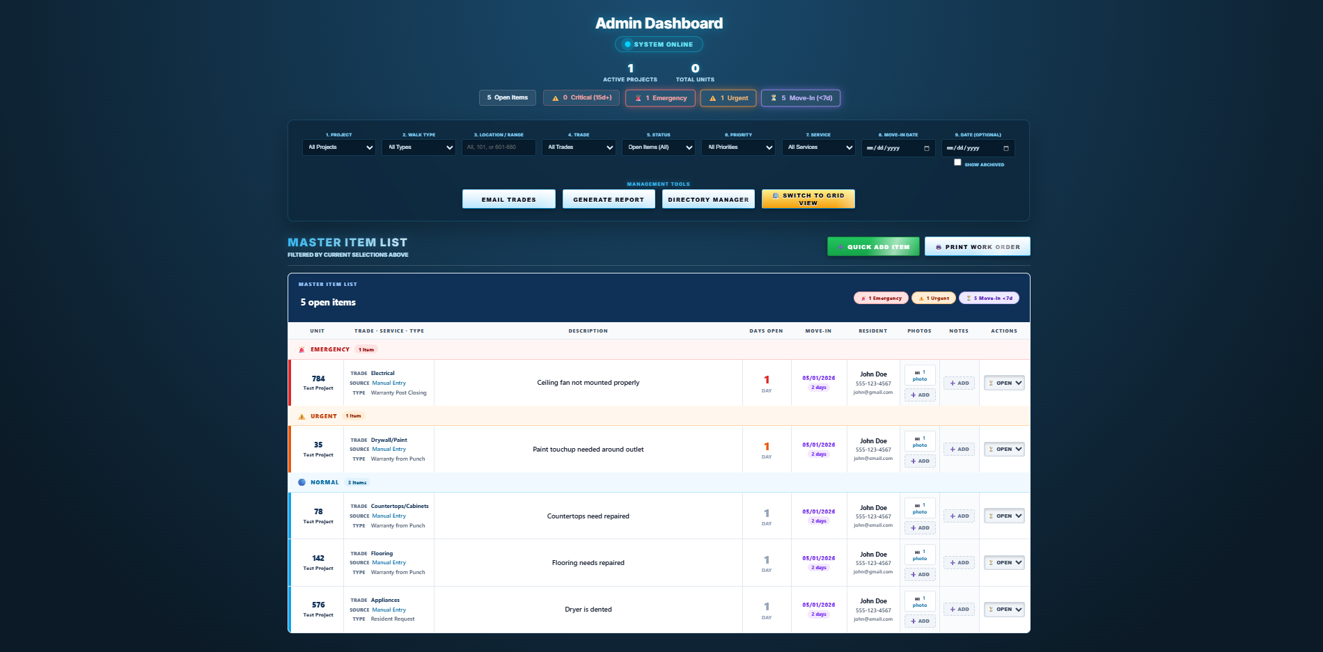 Master List view with all open items