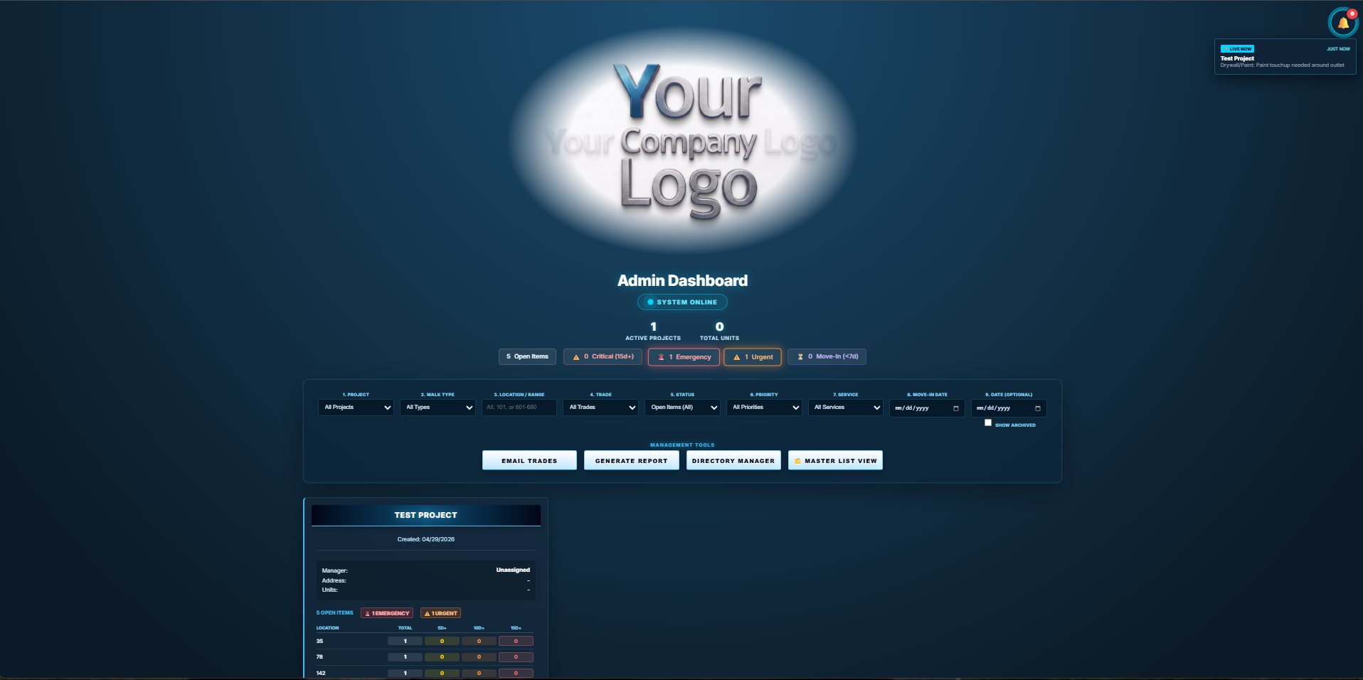 Admin dashboard showing 'Your Company Logo' placeholder