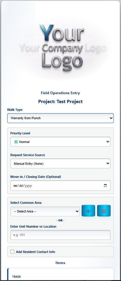 Mobile field app showing 'Your Company Logo' placeholder