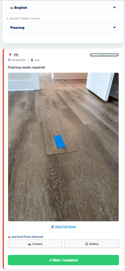 A subcontractor's view of a punch item, opened from a QR code