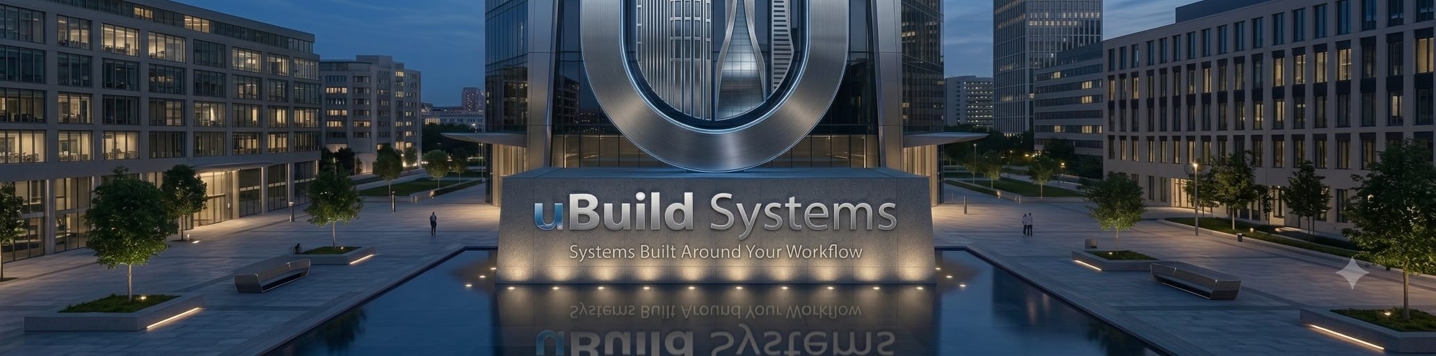 Close-up of the uBuild Systems monument base at night, skyline glowing inside the steel U