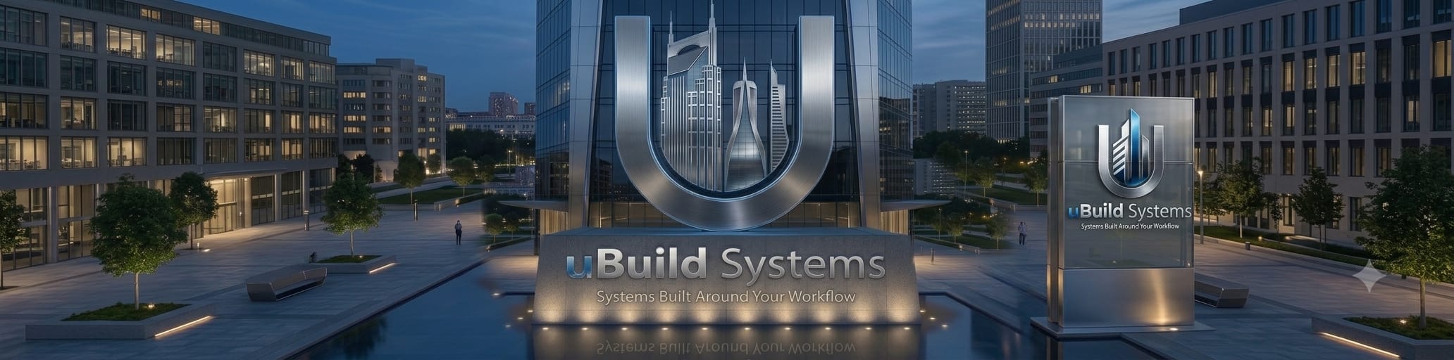 The uBuild Systems monument at night — a brushed-steel U holding the Nashville skyline, over a stone base reading Systems Built Around Your Workflow