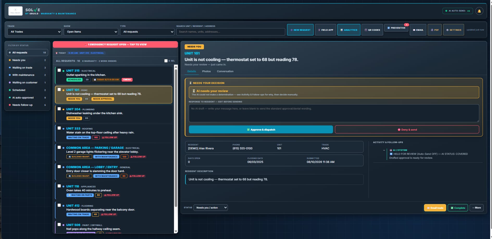 AI review panel holding a drafted decision for approval, with one-click approve-and-dispatch or deny-and-send