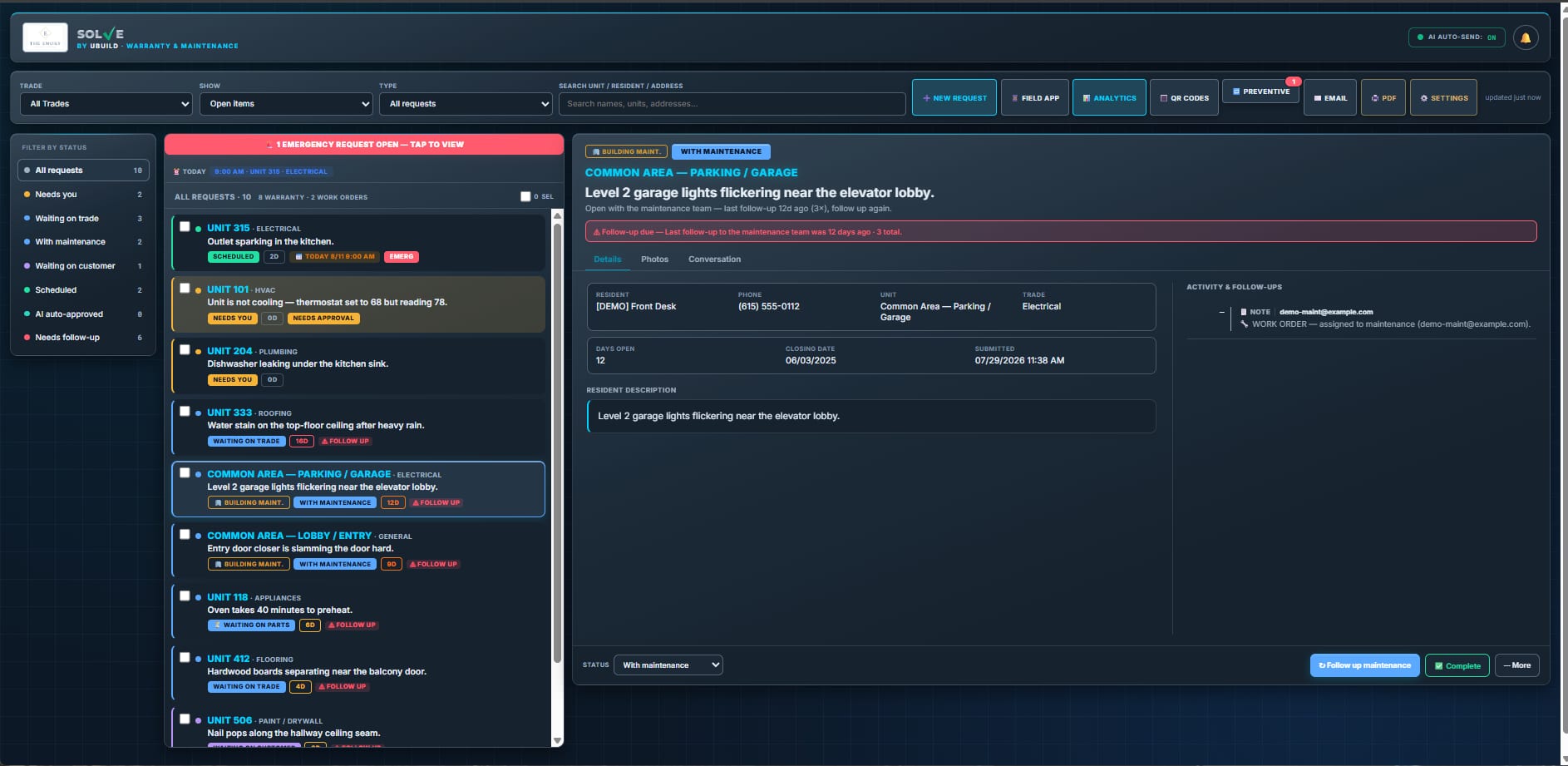 Solve dashboard showing resident requests with AI triage, work orders, follow-up tracking, and preventive maintenance