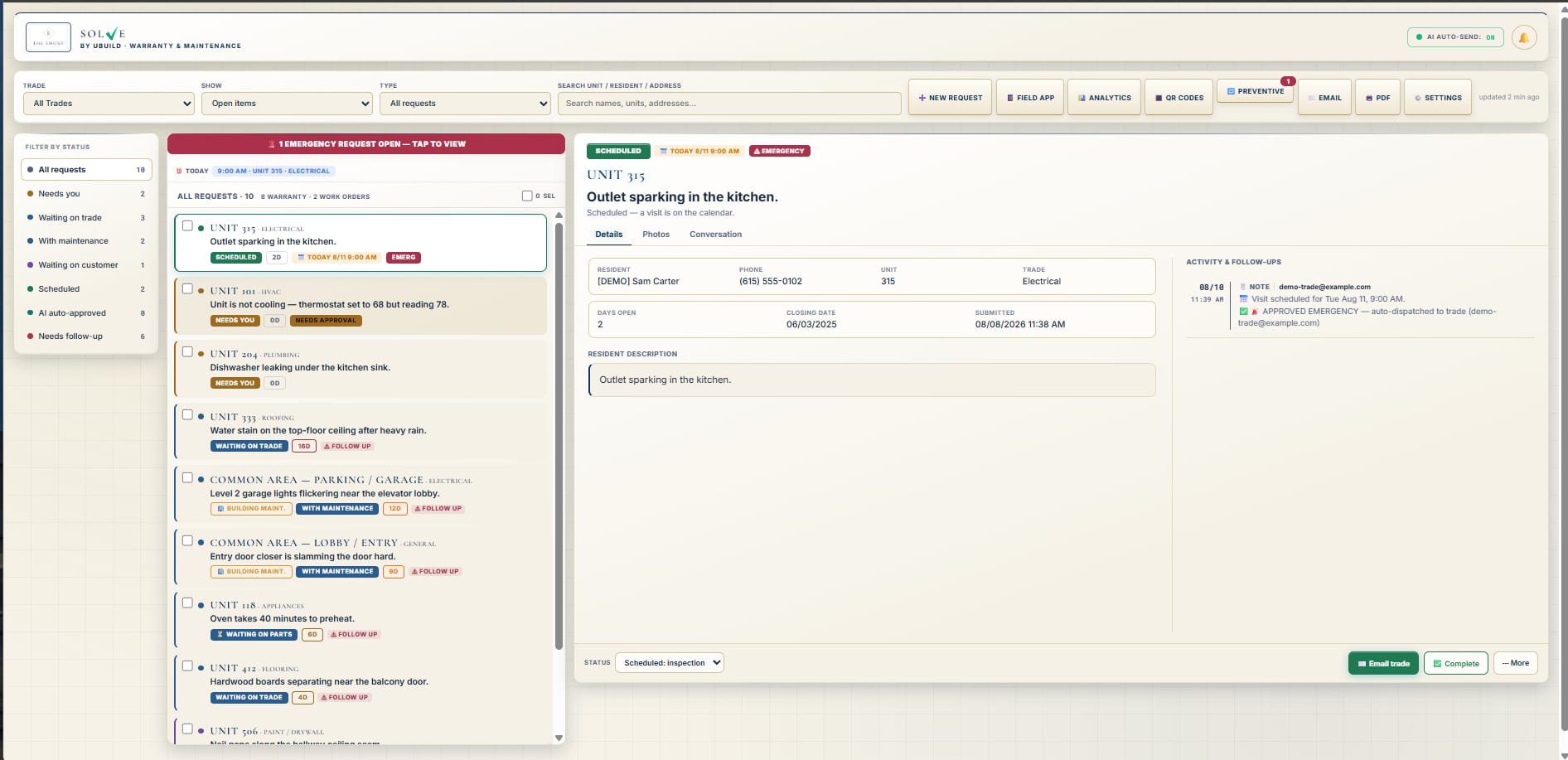 A scheduled emergency visit with the full activity log — auto-dispatch, calendar visit, and follow-ups — shown in the light theme