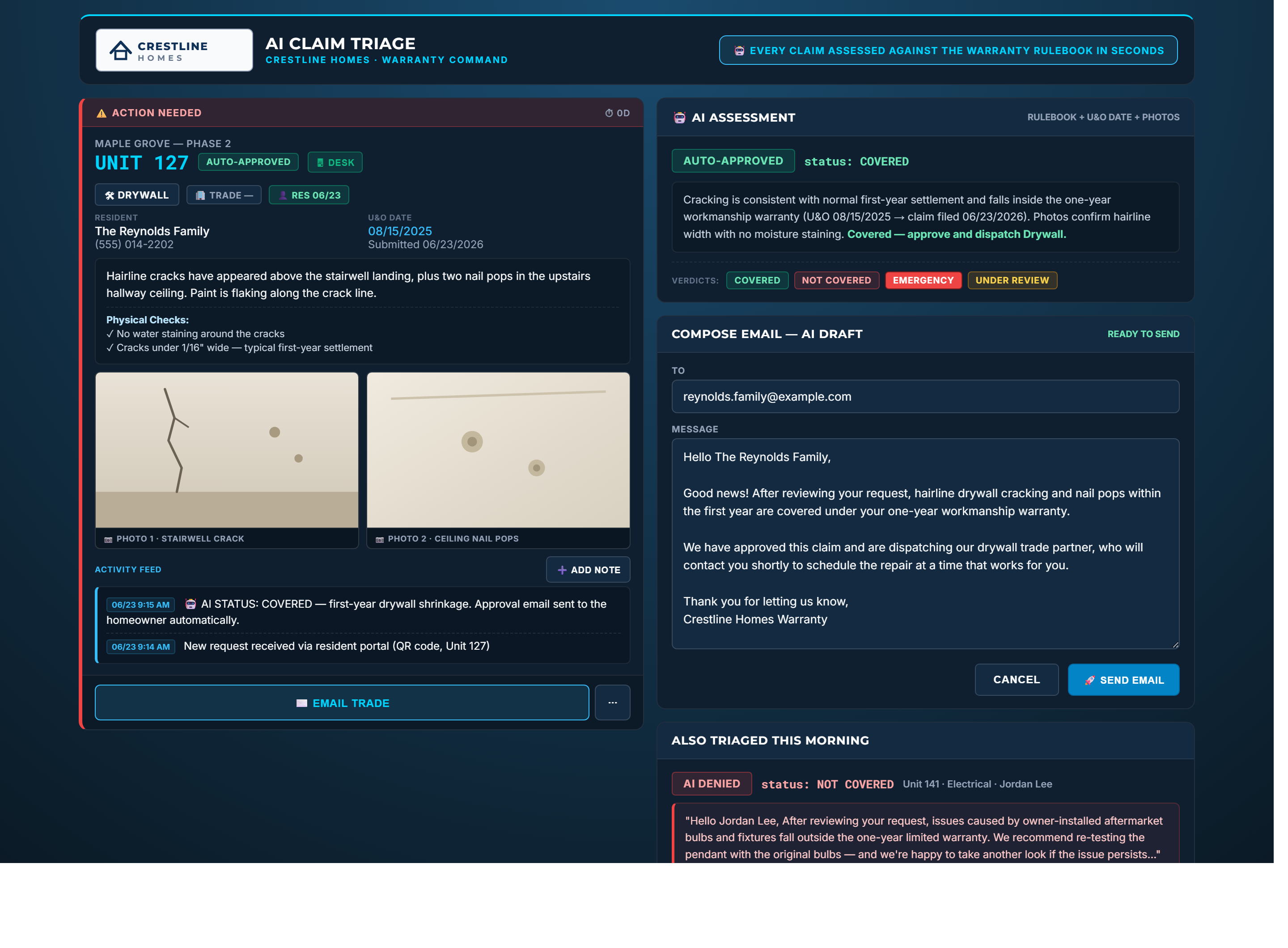 AI triage view scoring a homeowner claim against the builder's coverage terms